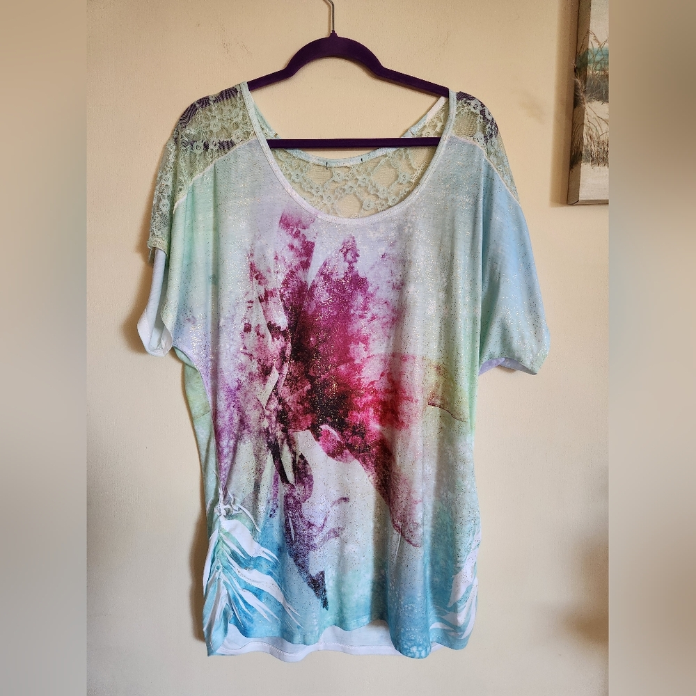 Womens Floral Lace Dolman Sleeve Top XL